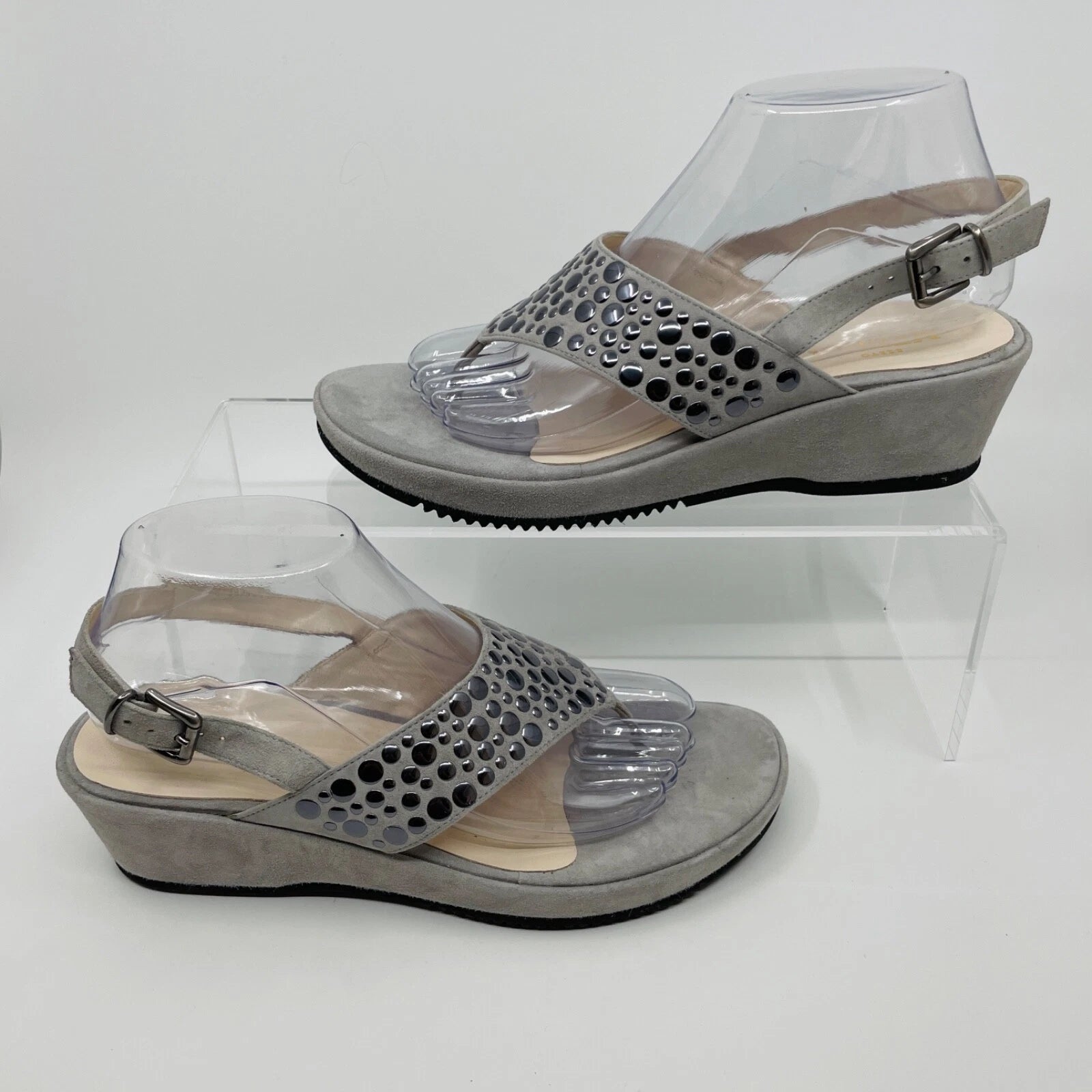 Sesto Meucci Size 10 Gray Suede & Silver Dots Wedge Toe Post Sandals NEW