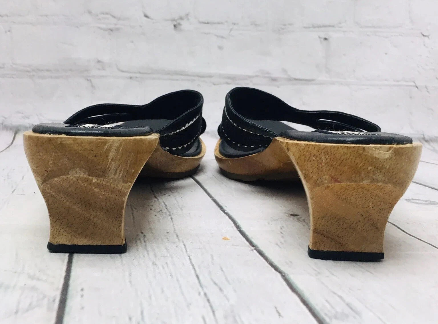 Diesel Black Leather Wooden Heel Slide Sandals Women’s Size 9 Point Toe Strap