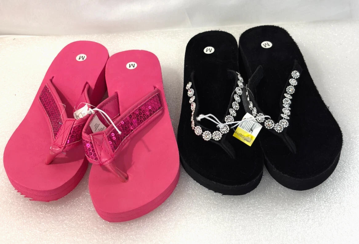Wedge Sandals Women Flip Flops Rhinestone Sparkle Black & Pink Sequin Size 4