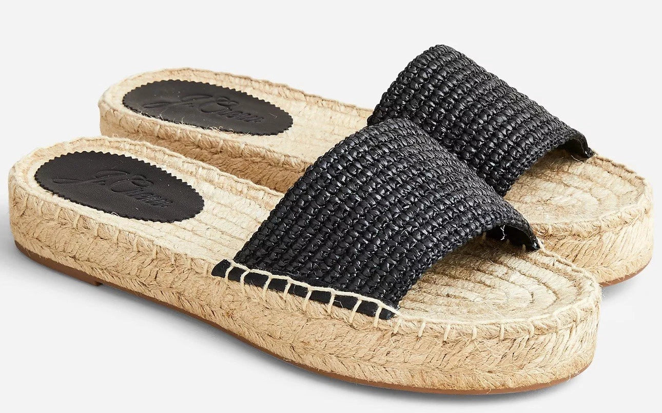 EUC J Crew Black Raffia Slip On Espadrille Flat Sandal Slide Band Style Size 10