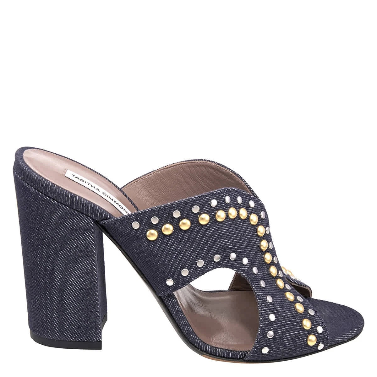 Tabitha Simmons Celia Studded 100mm Denim Slide Sandals, Brand Size 38 (US Size