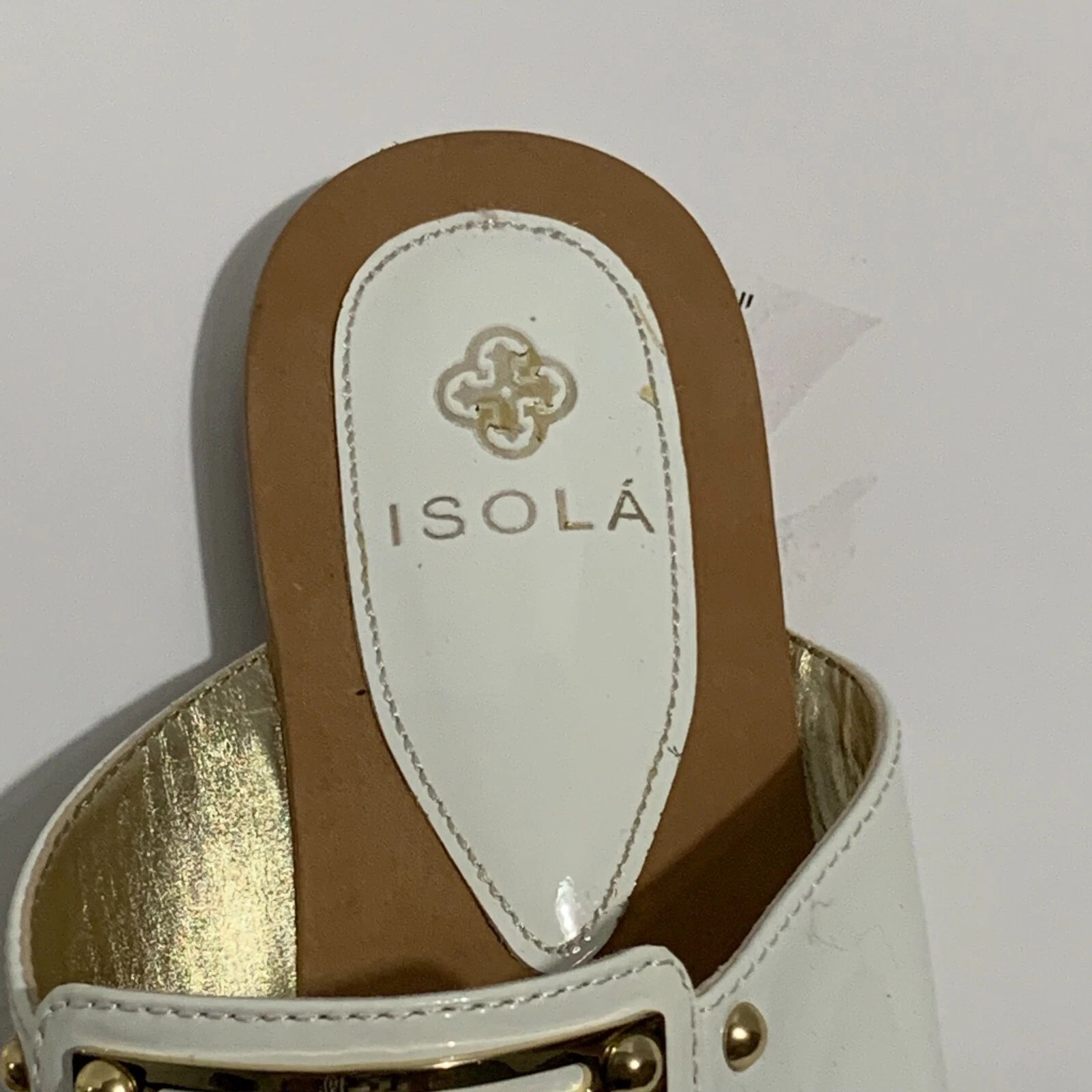 Isola White Gold Thong Sandal Flat Dress Shoe Open Heel Slide Women 7.5