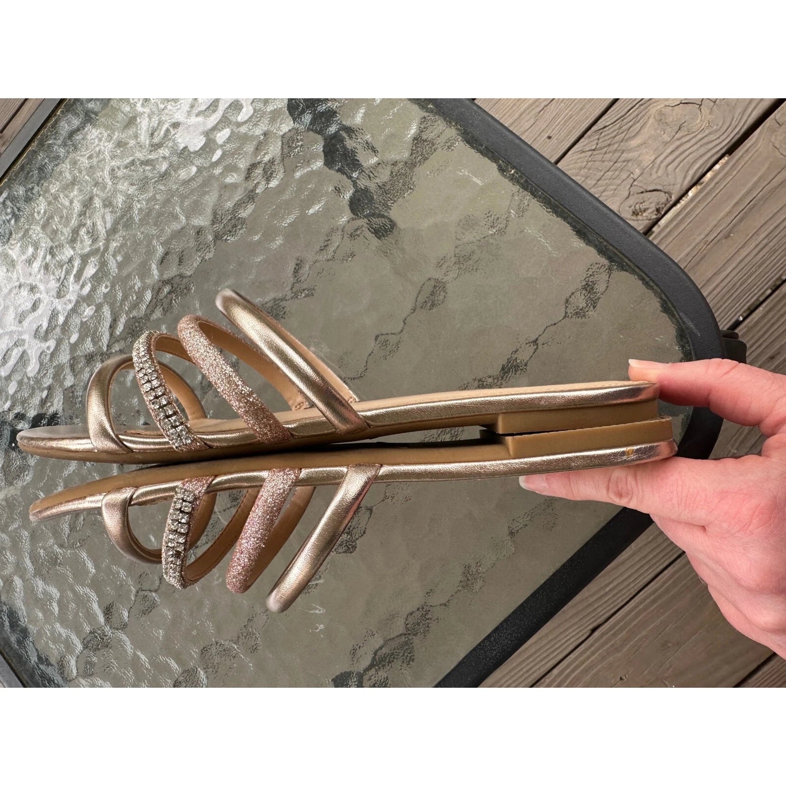 Jewel Badgley Mischka Sandals Rhinestone Straps Slides Sparkle Gold 9.5