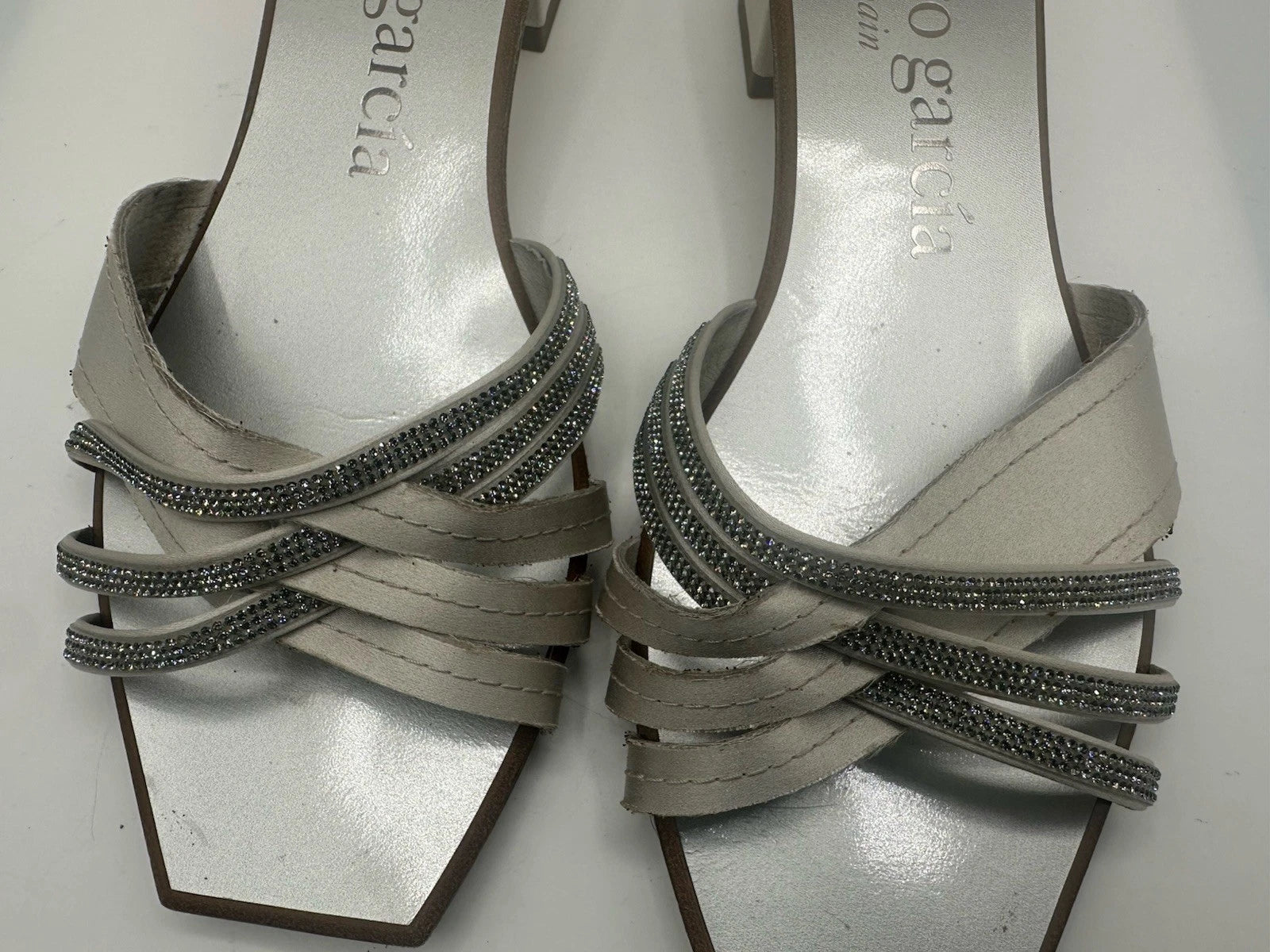 Pedro Garcia Light Gray Satin Swarovski Strap Slide Low-Heel Sandal Women Sz 38