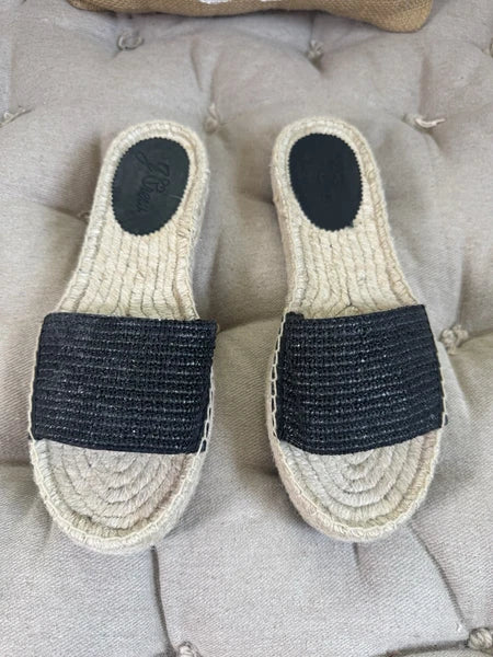 EUC J Crew Black Raffia Slip On Espadrille Flat Sandal Slide Band Style Size 10
