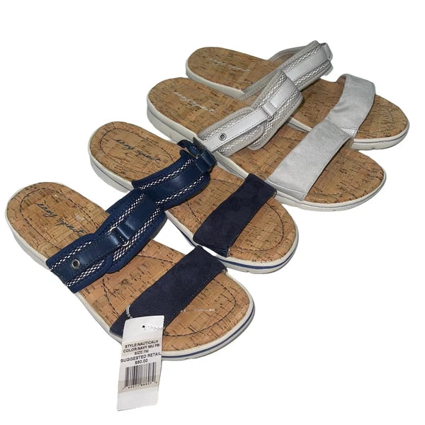 Easy Spirit Sandals Blue or  Silver Slides Cork Adjustable Lightweight Nautical