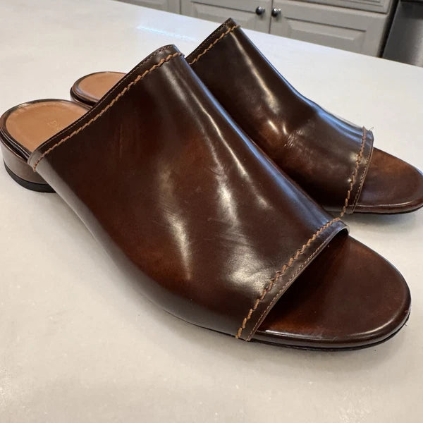 Emporio Armani Women’s Open Toe Slide Mules Brown Leather Size US 9 EU 39