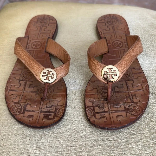Tory Burch Light Brown Leather Flip-Flop  Sandals, Women's Size 6