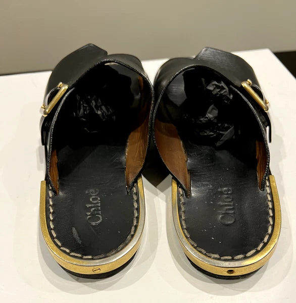 CHLOE Black Leather, 1 Buckle Slides, Sandals, Flats with Gold-tone Trim 36EU/5