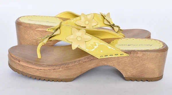 Hanna Andersson Womens Sz 39 Leather Yellow Flower Attache Wooden Heel Sandals