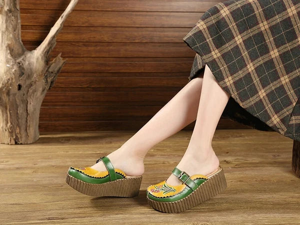 Wedge Slides Shoes Women Buckle Flower Cut Out Summer Leather Platform Slippers