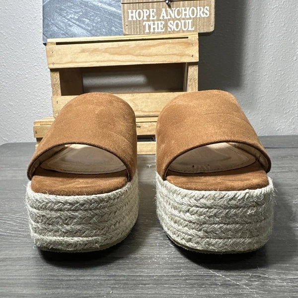 Lulu’s Rust Faux Suede Espadrille Platform Wedge Slides Sandals 10 PreOwned