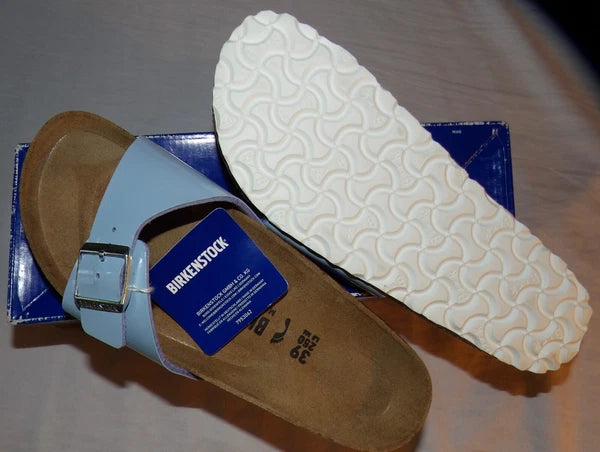 Birkenstock Madrid Big Buckle Lady Narrow Size 8 Patent Dove Blue Leather Sandal