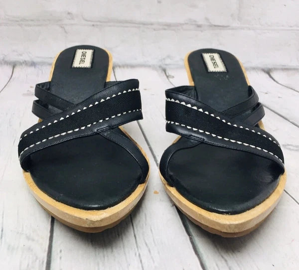 Diesel Black Leather Wooden Heel Slide Sandals Women’s Size 9 Point Toe Strap
