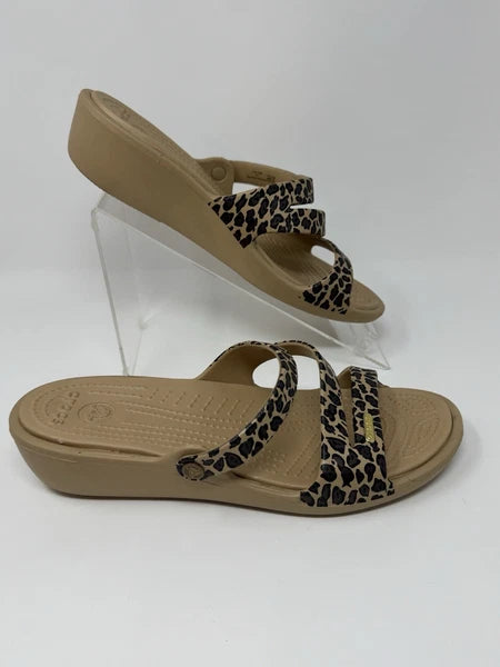 Crocs Patricia II Leopard Wedge Tan Slide Sandals W10 Women's Size 10 EUC