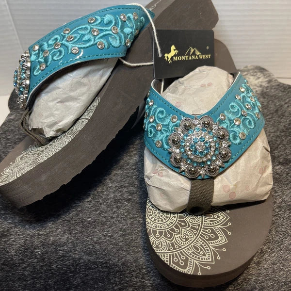 Montana West Teal Scroll Rhinestones/Studs Western Style Wedge Sandals Sz11-11.5