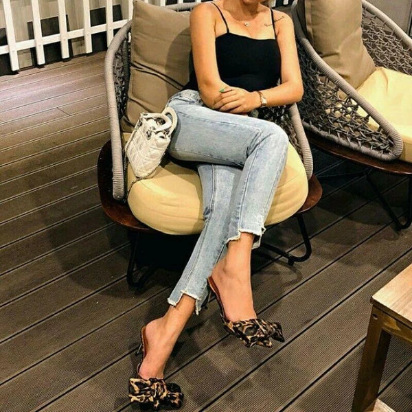 Fashion Womens Pointy Toe Big Bowknot Mules High Stiletto Heel Slippers Party