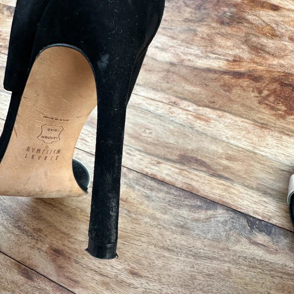STUART WEITZMAN Slide Black Suede & Silver High Heels Size 8 Sandals Designer