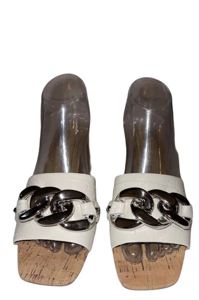 MARC FISHER LTD Naniya White Block Heels Chain Buckle Slides Women’s Size US 8M