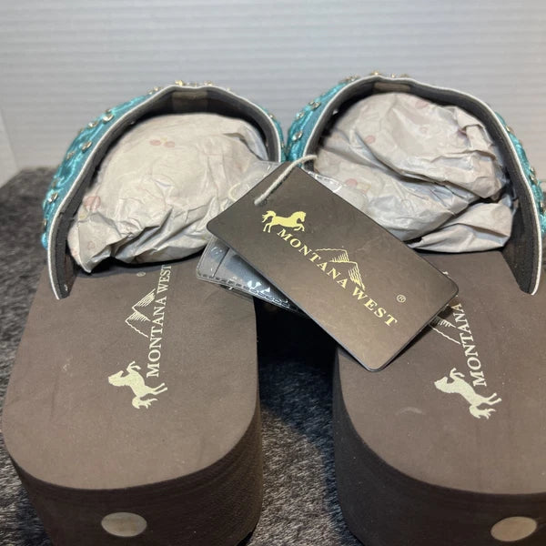 Montana West Teal Scroll Rhinestones/Studs Western Style Wedge Sandals Sz11-11.5