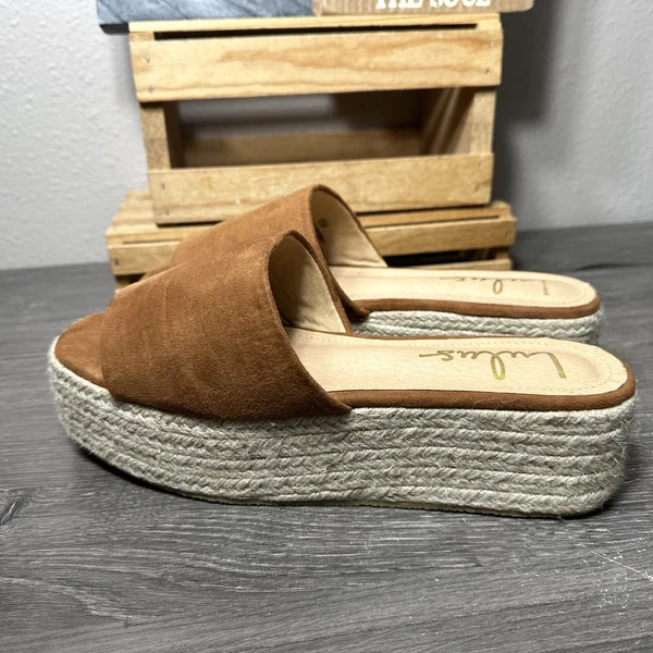Lulu’s Rust Faux Suede Espadrille Platform Wedge Slides Sandals 10 PreOwned