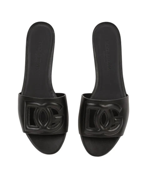 DOLCE&GABBANA Bianca $545 Black DG Leather Slides New And Authentic