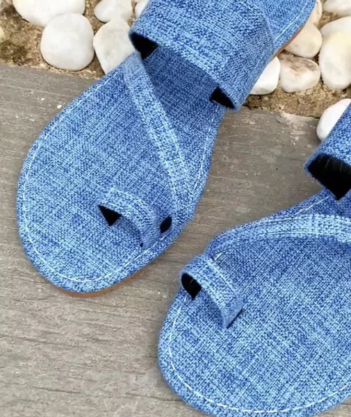 Fashion Blue Summer Statement Denim Thong Toe Designed Flat Sandals  Slides Shoe