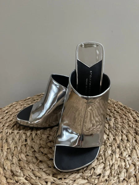 Stella Mccartney Ladies Silver Metallic Elsa Mirror Slide Sandals Mules, 39, 9