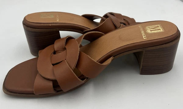 BRUNO MAGLI ARIA Block Heel Brown Leather Slide Sandal Women's Size 9M NEW