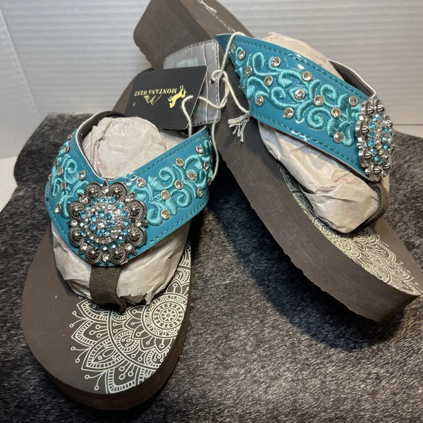 Montana West Teal Scroll Rhinestones/Studs Western Style Wedge Sandals Sz11-11.5