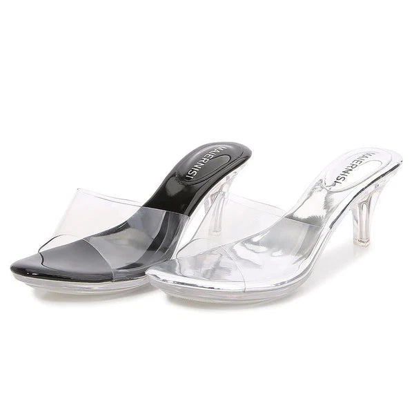 Summer Women's Clear High Mid Heel Sandals PVC Platform Shoes Slipper Slide Mule