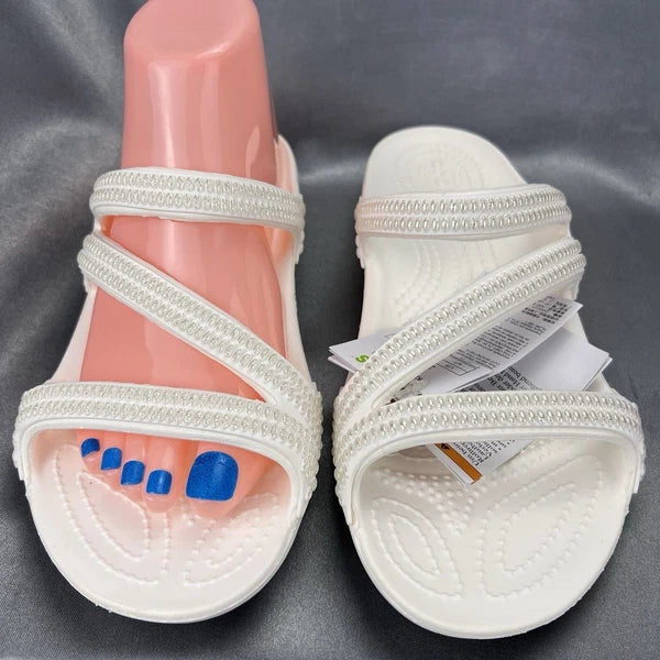 Crocs Kadee II Strappy Sandals Women's 7 White Jewels Summer Slides 211350-100