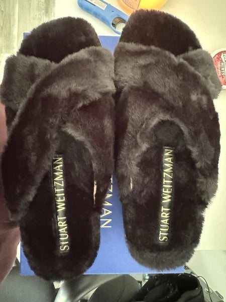 Stuart Weitzman Roza Lift Chill Slide Women's 7.5 Black Fur Sandal