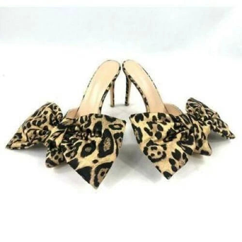 Fashion Womens Pointy Toe Big Bowknot Mules High Stiletto Heel Slippers Party