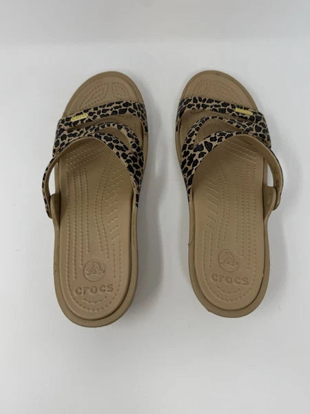 Crocs Patricia II Leopard Wedge Tan Slide Sandals W10 Women's Size 10 EUC