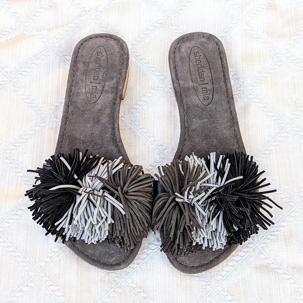 NEW SHERIDAN MIA SUMMER Gray Suede Tassel Fringe POM POM Slide Sandals Wms Sz 37