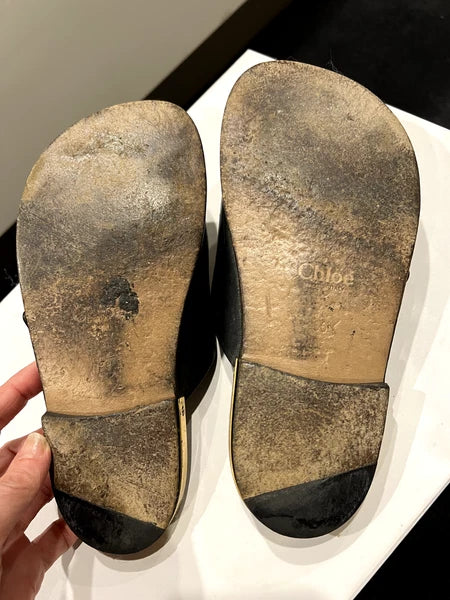 CHLOE Black Leather, 1 Buckle Slides, Sandals, Flats with Gold-tone Trim 36EU/5