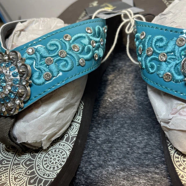 Montana West Teal Scroll Rhinestones/Studs Western Style Wedge Sandals Sz11-11.5