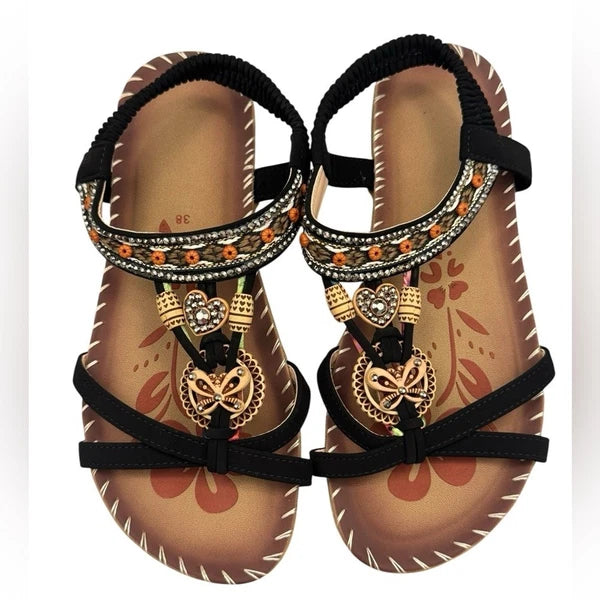 Fashion Women's Sandals Flat Rhinestone Elastic Band Comfy Studded Shoes Size 7
