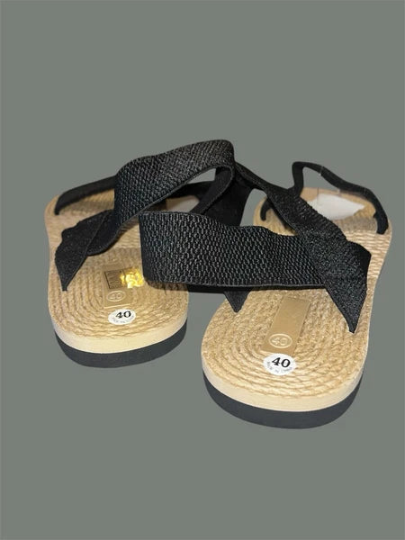 Black Woven Strap with Straw Style Sole Sandals Size 9.5 (40)