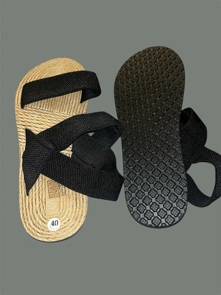 Black Woven Strap with Straw Style Sole Sandals Size 9.5 (40)