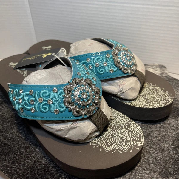 Montana West Teal Scroll Rhinestones/Studs Western Style Wedge Sandals Sz11-11.5