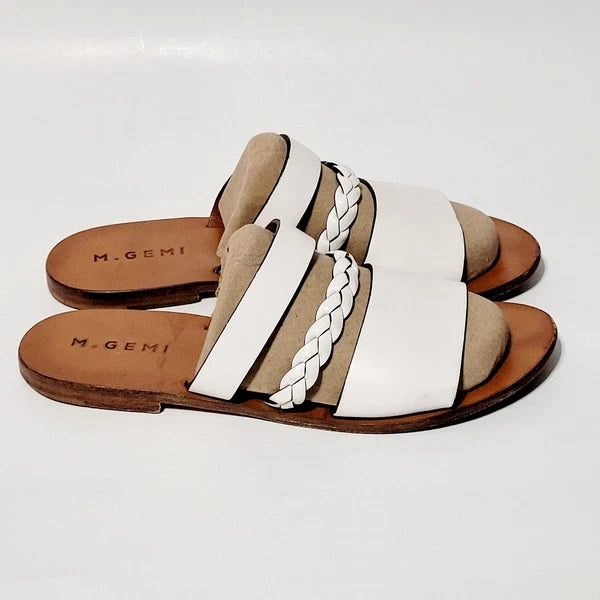 M. Gemi White Leather Flat Braided Strappy Slide Flat Sandals Wms 39EU  8.5-9 US
