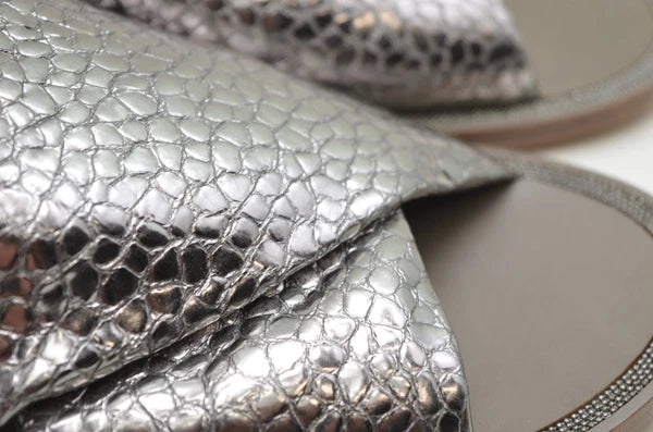 Brunello Cucinelli Reptile Print Metallic Silver leather Slide Sandals  Sz EU 40