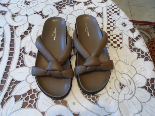 Lafayette 148 New York Brown lamb Leather Quilted Knotted Slide Sandals Size 7M