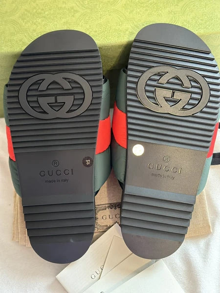 Gucci Web Puffer Nylon Slides Sandals Sz 37 Made In Italy BNIB