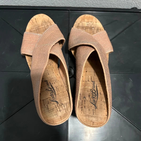 Lucky Brand Wedge Sandals Cork Platform Criss Cross Slides Shoes Size 7