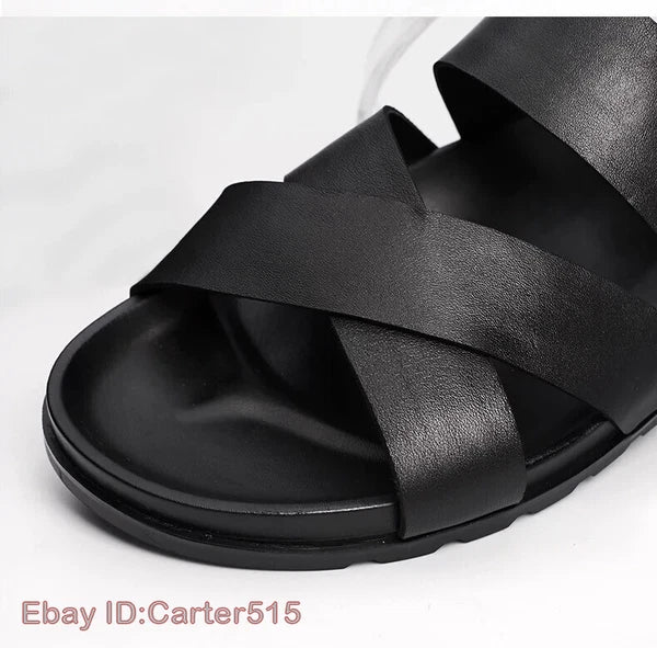 Open Toe Sandals Slingbacks Buckle Real Leather Men's Beach Shoes Roman Style 43