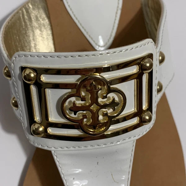 Isola White Gold Thong Sandal Flat Dress Shoe Open Heel Slide Women 7.5