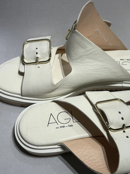 New Women's AGL Off White Sabina Leather Buckle Slide Sandals 39 EUR US 8-8.5
